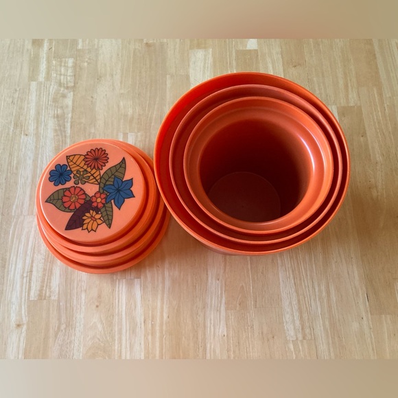 3, 1970’s Rubbermaid nesting food storage canisters orange floral design - Picture 2 of 15